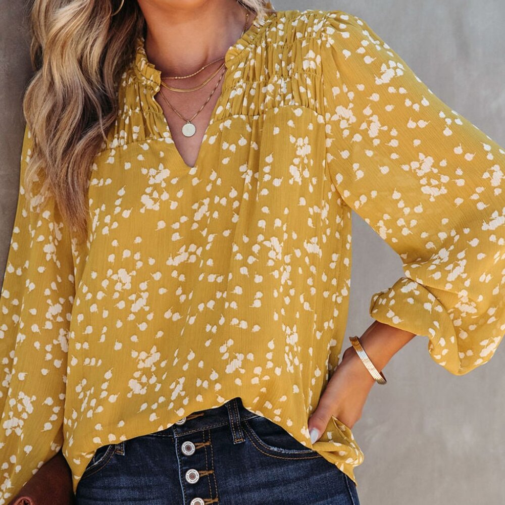 NWOT Women’s Mustard Yellow Floral V-Neck Blouse